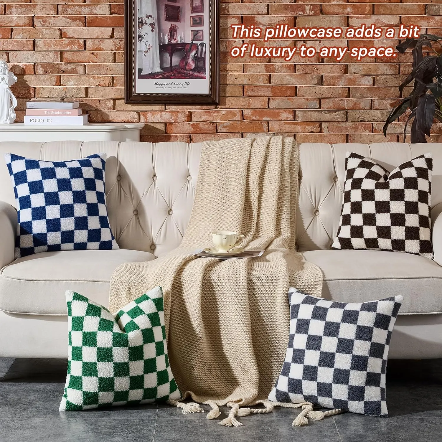AmHoo Pack of 2 Decorative Throw Pillow Covers Checkerboard Luxury Super Soft Faux Fur Wool Set Case Cushion for Couch Sofa Bedroom 18 x 18-Inch Coffee