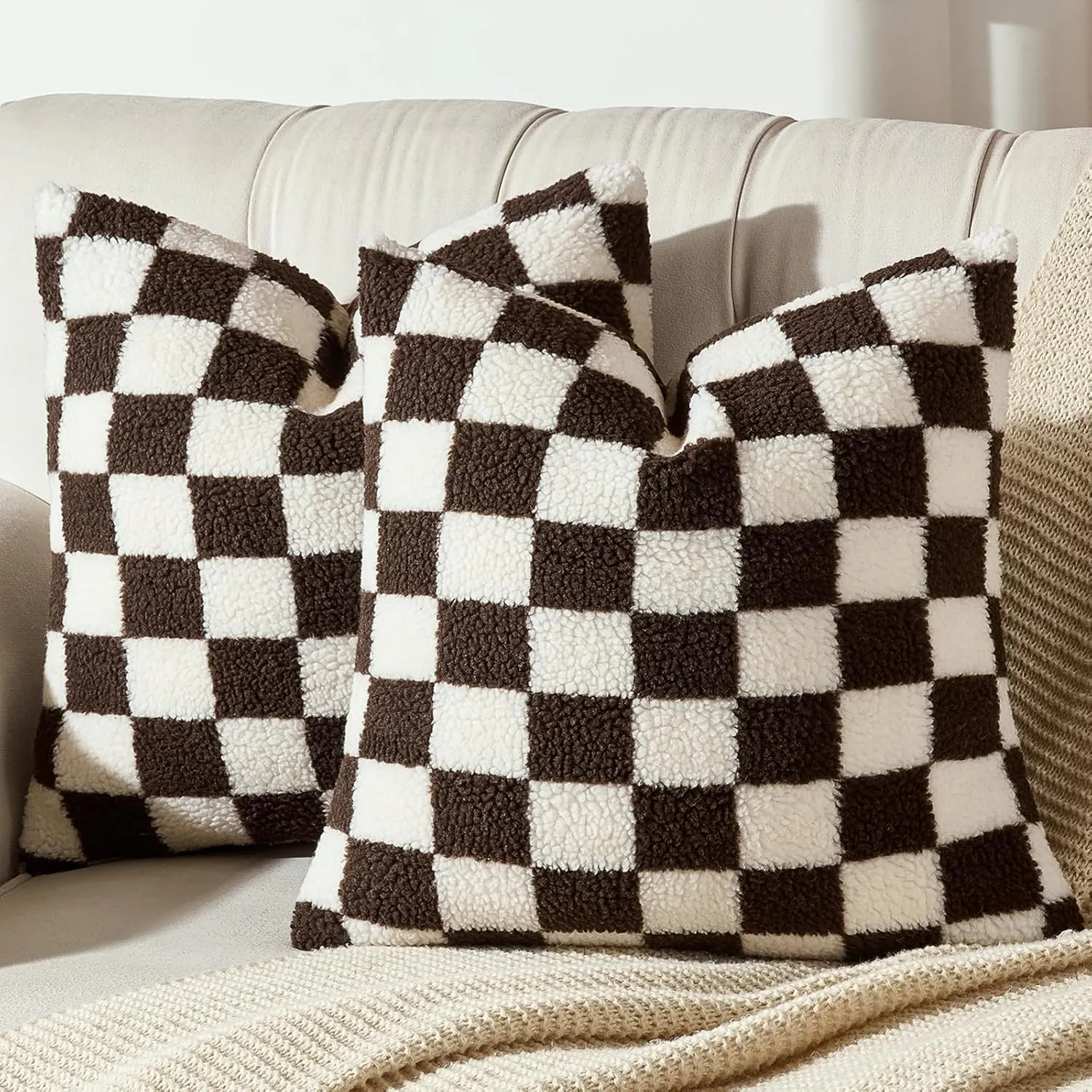 AmHoo Pack of 2 Decorative Throw Pillow Covers Checkerboard Luxury Super Soft Faux Fur Wool Set Case Cushion for Couch Sofa Bedroom 18 x 18-Inch Coffee