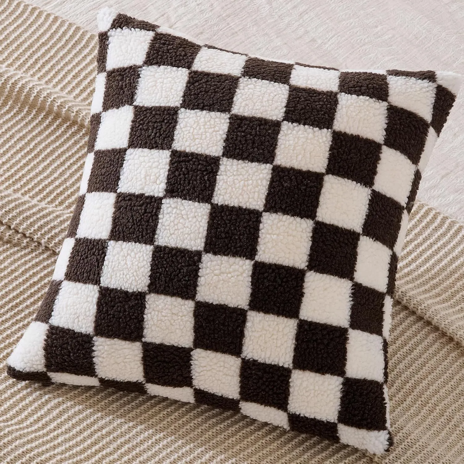 AmHoo Pack of 2 Decorative Throw Pillow Covers Checkerboard Luxury Super Soft Faux Fur Wool Set Case Cushion for Couch Sofa Bedroom 18 x 18-Inch Coffee