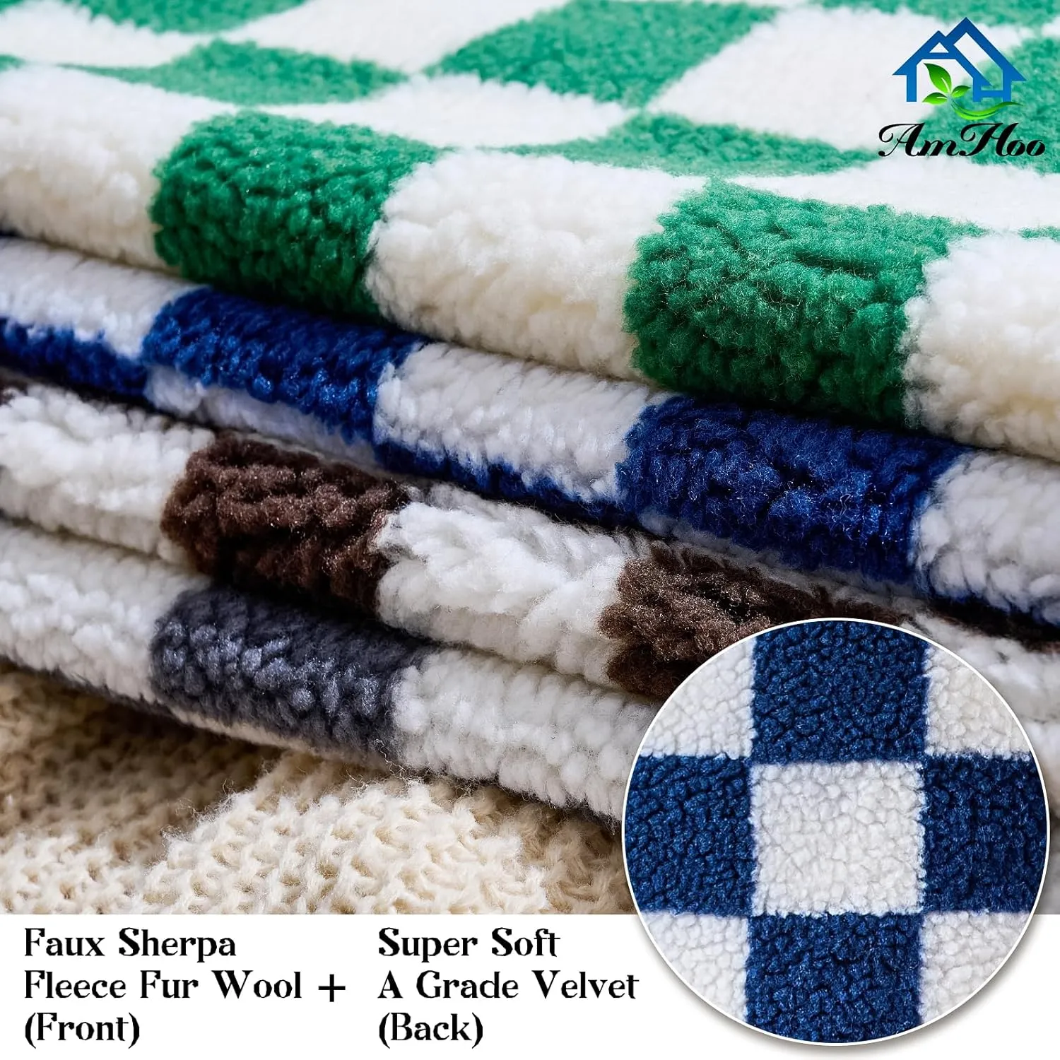 AmHoo Pack of 2 Decorative Throw Pillow Covers Checkerboard Luxury Super Soft Faux Fur Wool Set Case Cushion for Couch Sofa Bedroom 18 x 18-Inch Coffee