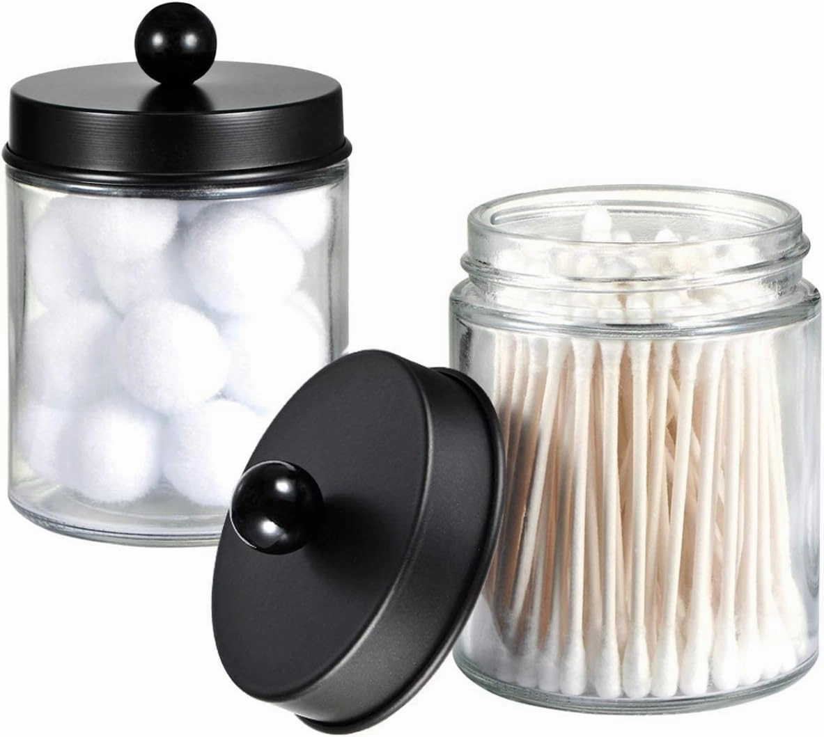 Amolliar 4 Pack Apothecary Jars Bathroom Vanity Storage Organizer Set -Countertop Canister with Stainless Steel Lids &Cute Stickers - Qtip Dispenser Holder for Qtips,Cotton Swabs,Makeup Sponges(Black)