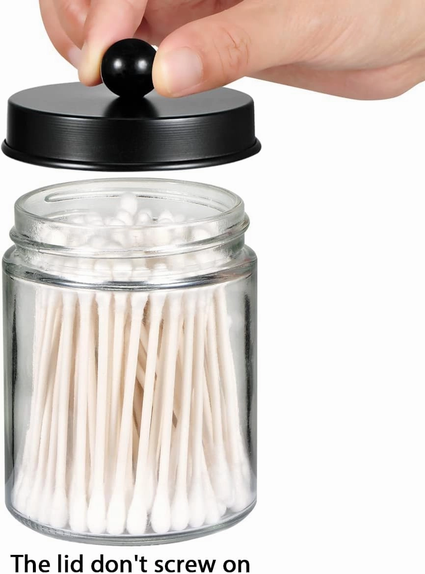 Amolliar 4 Pack Apothecary Jars Bathroom Vanity Storage Organizer Set -Countertop Canister with Stainless Steel Lids &Cute Stickers - Qtip Dispenser Holder for Qtips,Cotton Swabs,Makeup Sponges(Black)