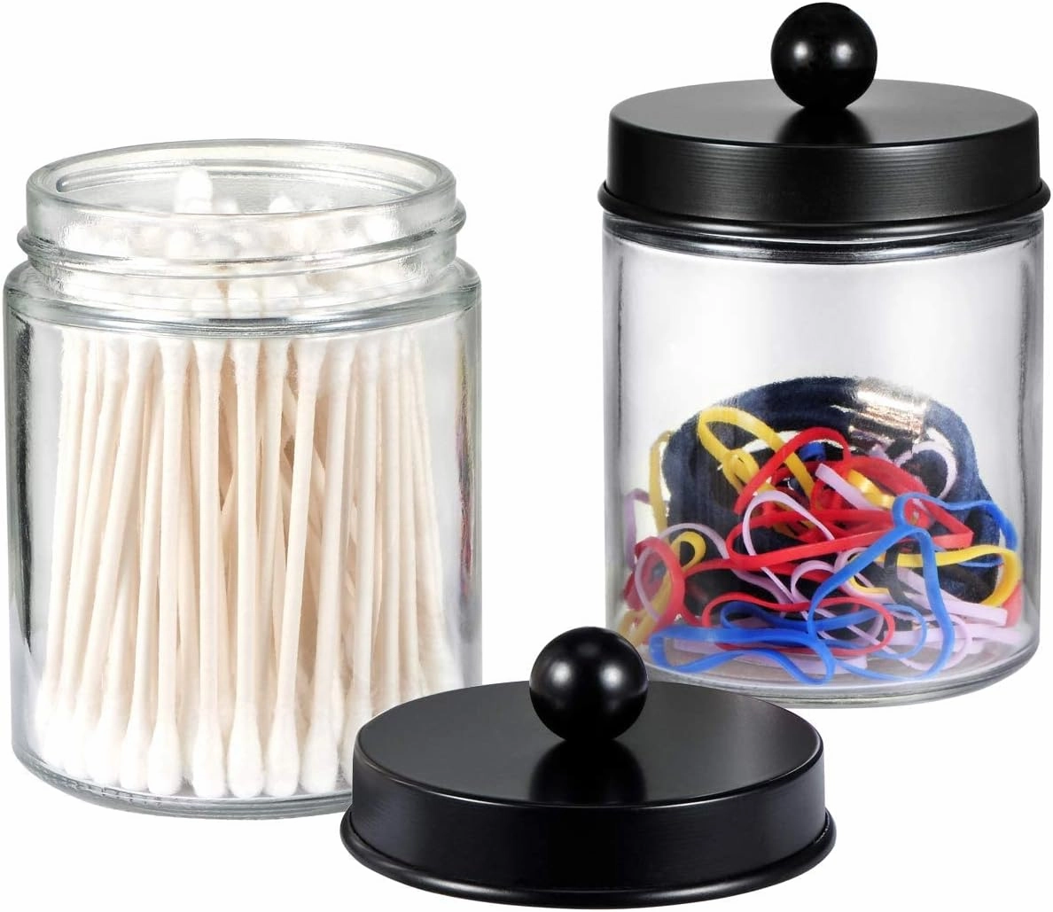 Amolliar 4 Pack Apothecary Jars Bathroom Vanity Storage Organizer Set -Countertop Canister with Stainless Steel Lids &Cute Stickers - Qtip Dispenser Holder for Qtips,Cotton Swabs,Makeup Sponges(Black)