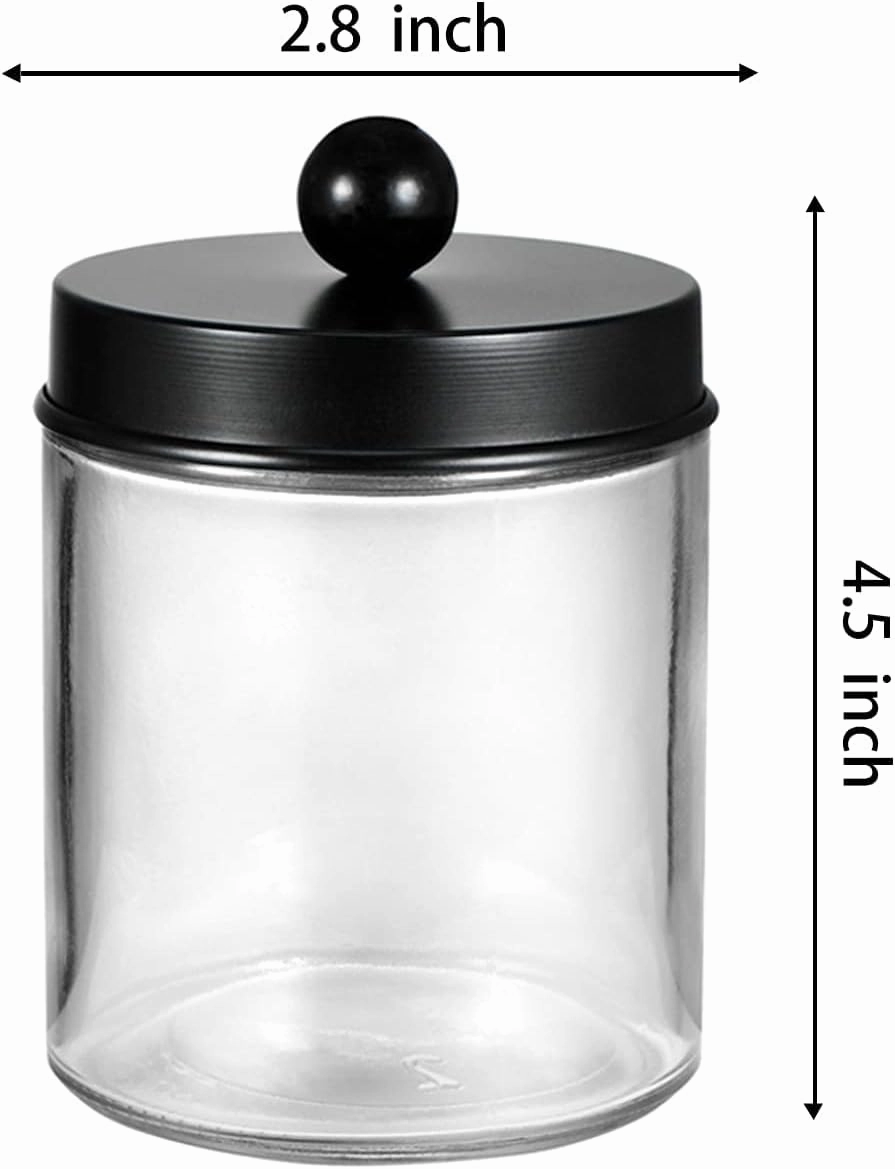 Amolliar 4 Pack Apothecary Jars Bathroom Vanity Storage Organizer Set -Countertop Canister with Stainless Steel Lids &Cute Stickers - Qtip Dispenser Holder for Qtips,Cotton Swabs,Makeup Sponges(Black)