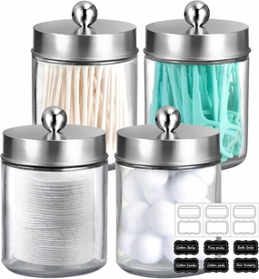 Amolliar 4Pc Apothecary Jars Bathroom Vanity Storage Organizer Set -Countertop Canister with Stainless Steel Lids &Stickers - Qtip Dispenser Holder for Qtip,Cotton Swab,Makeup Sponge (Brushed Nickel)