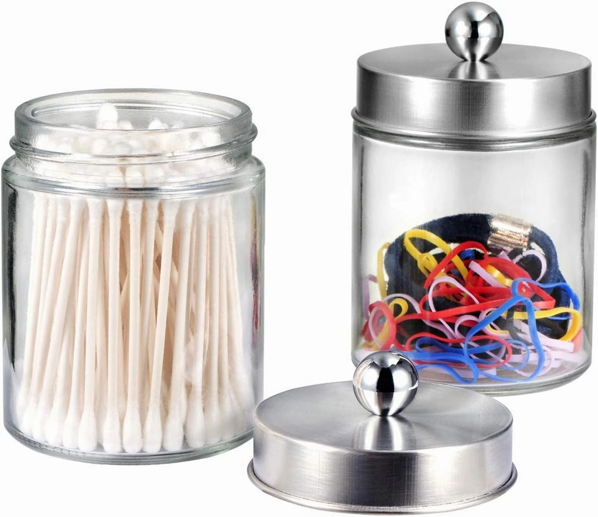 Amolliar 4Pc Apothecary Jars Bathroom Vanity Storage Organizer Set -Countertop Canister with Stainless Steel Lids &Stickers - Qtip Dispenser Holder for Qtip,Cotton Swab,Makeup Sponge (Brushed Nickel)