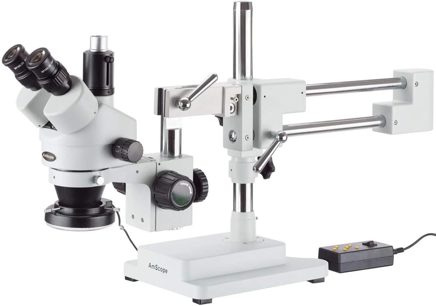 AmScope SM-4T-144A Professional Trinocular Stereo Zoom Microscope, WH10x Eyepieces, 7X-45X Magnification, 0.7X-4.5X Zoom Objective, Four-Zone LED Ring Light, Double-Arm Boom Stand