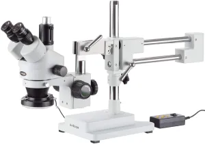AmScope SM-4T-144A Professional Trinocular Stereo Zoom Microscope, WH10x Eyepieces, 7X-45X Magnification, 0.7X-4.5X Zoom Objective, Four-Zone LED Ring Light, Double-Arm Boom Stand
