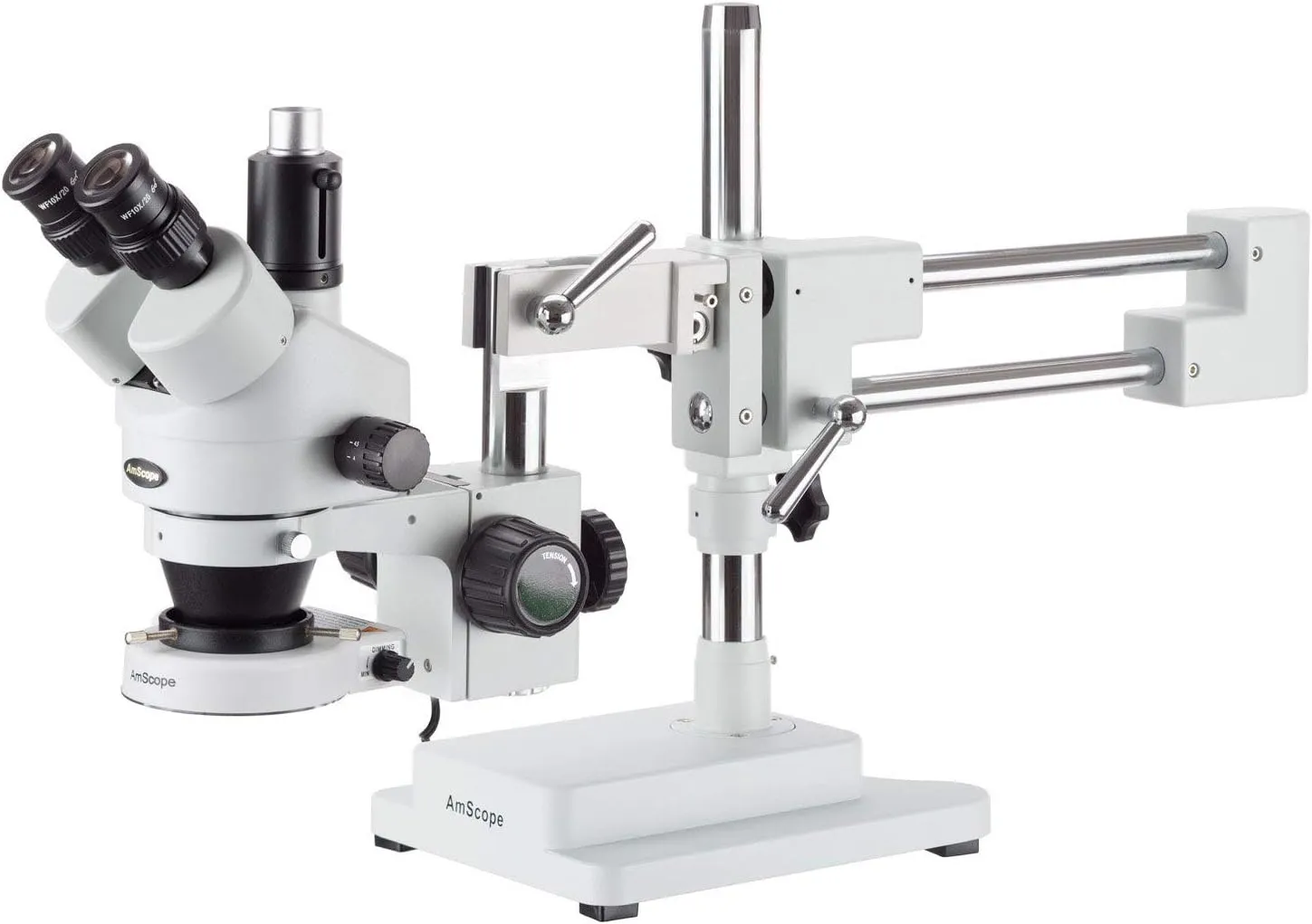 AmScope SM-4T-80S Professional Trinocular Stereo Zoom Microscope, WH10x Eyepieces, 7X-45X Magnification, 0.7X-4.5X Zoom Objective, 80-Bulb LED Ring Light, Double-Arm Boom Stand, 90V-265V