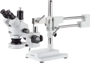 AmScope SM-4T-80S Professional Trinocular Stereo Zoom Microscope, WH10x Eyepieces, 7X-45X Magnification, 0.7X-4.5X Zoom Objective, 80-Bulb LED Ring Light, Double-Arm Boom Stand, 90V-265V