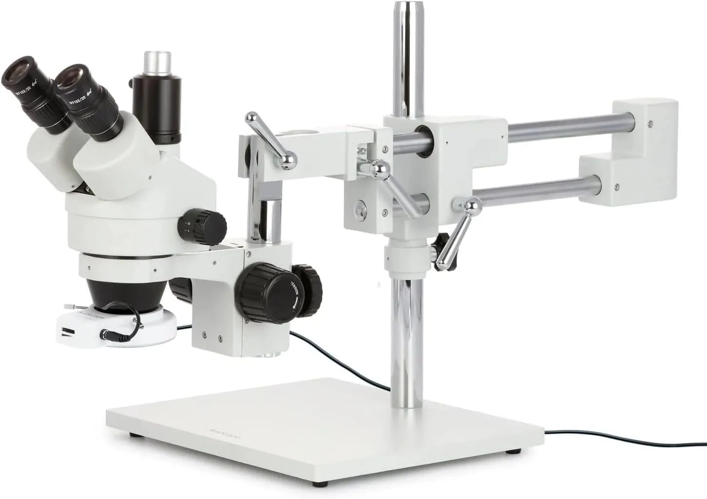 AmScope SM-4TZ-56S Professional Trinocular Stereo Zoom Microscope, WH10x Eyepieces, 3.5X-90X Magnification, 0.7X-4.5X Zoom Objective, 56-Bulb LED Ring Light, Double-Arm Boom Stand, 110V-120V, 110V-240V, Includes 0.5X and 2.0X Barlow Lens