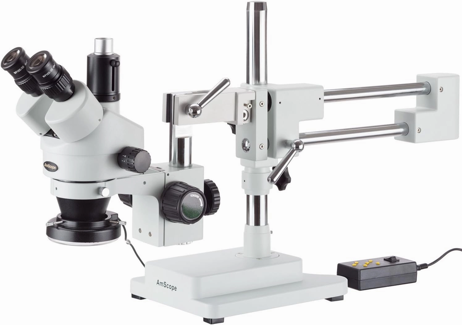 AmScope 3.5X-180X Simul-Focal Stereo Zoom Microscope on Dual Arm Boom Stand with 144-LED Ring Light