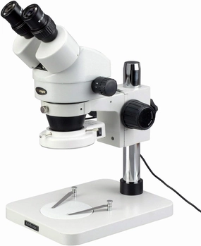 AmScope SM-1BSX-64S Professional Binocular Stereo Zoom Microscope, WH10x Eyepieces, 3.5X-45X Magnification, 0.7X-4.5X Zoom Objective, 64-Bulb LED Ring Light, Pillar Stand, Includes 0.5x Barlow Lens