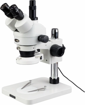 AmScope SM-1TS-144S Professional Trinocular Stereo Zoom Microscope, WH10x Eyepieces, 7X-45X Magnification, 0.7X-4.5X Zoom Objective, 144-Bulb LED Ring Light, Pillar Stand, 110V-240V