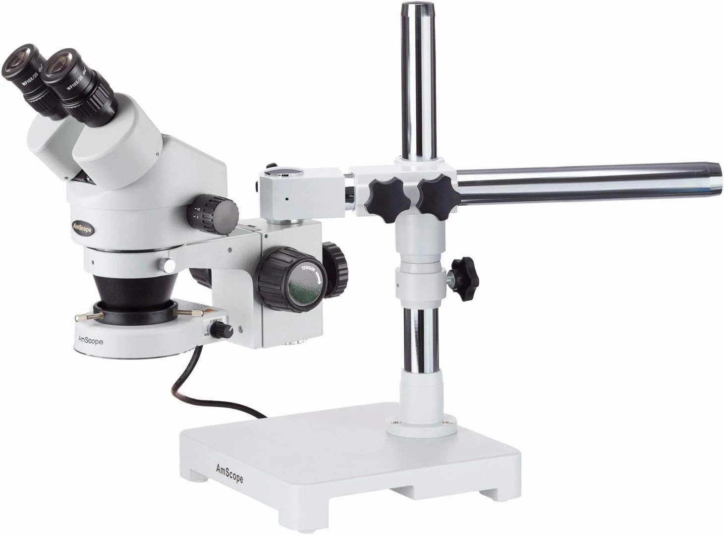AmScope SM-3B-80S Professional Binocular Stereo Zoom Microscope, WH10x Eyepieces, 7X-45X Magnification, 0.7X-4.5X Zoom Objective, 80-Bulb LED Ring Light, Single-Arm Boom Stand, 90V-265V