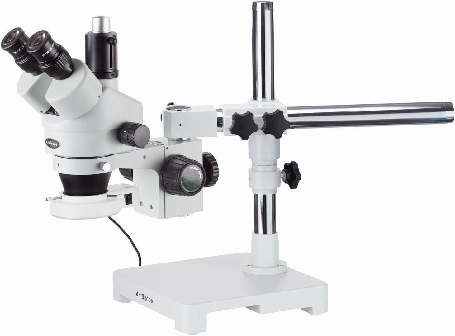 AmScope SM-3T-54S Professional Trinocular Stereo Zoom Microscope, WH10x Eyepieces, 7X-45X Magnification, 0.7X-4.5X Zoom Objective, 54-Bulb LED Light, Single-Arm Boom Stand, 110V-240V