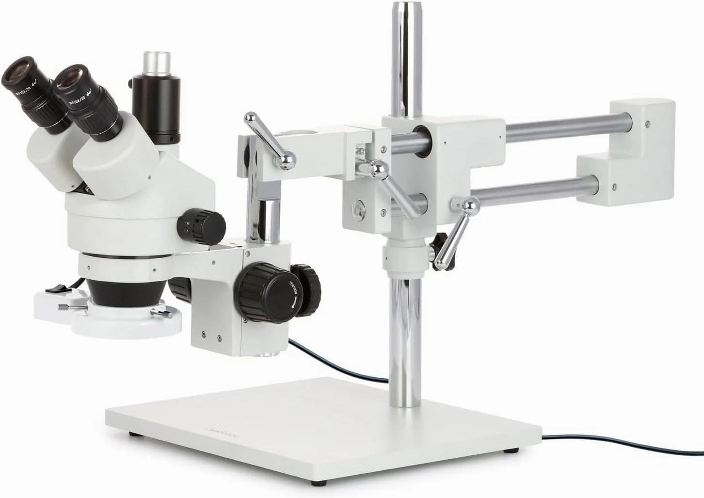 AmScope SM-4TZ-FRL Professional Trinocular Stereo Zoom Microscope, WH10x Eyepieces, 3.5X-90X Magnification, 0.7X-4.5X Zoom Objective, 8W Fluorescent Ring Light, Double-Arm Boom Stand, 110V-120V, Includes 0.5X and 2.0X Barlow Lens