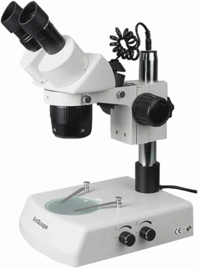AmScope SW-2B13Z Binocular Stereo Microscope, WH10x Eyepieces, 10X/20X/30X/60X Magnification, 1X/3X Objective, Upper and Lower Halogen Lighting, Pillar Stand, 110V-120V, Includes 2.0x Barlow Lens