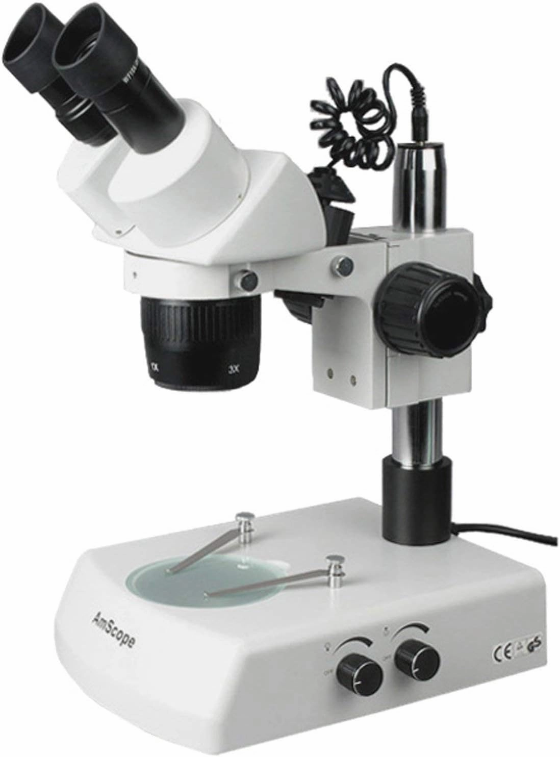AmScope SW-2B13Z Binocular Stereo Microscope, WH10x Eyepieces, 10X/20X/30X/60X Magnification, 1X/3X Objective, Upper and Lower Halogen Lighting, Pillar Stand, 110V-120V, Includes 2.0x Barlow Lens