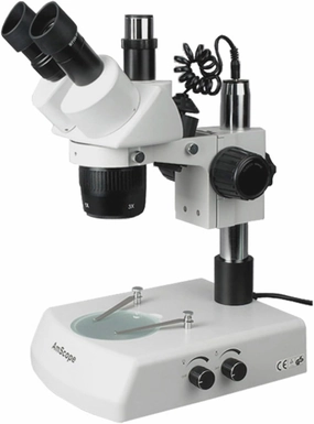 AmScope SW-2T13Y Trinocular Stereo Microscope, WH10x Eyepieces, 10X/15X/30X/45X Magnification, 1X/3X Objective, Upper and Lower Halogen Lighting, Pillar Stand, 110V-120V, Includes 1.5x Barlow Lens
