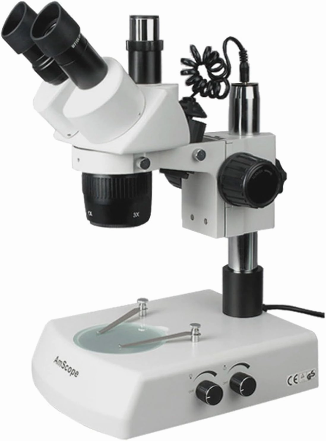 AmScope SW-2T13Y Trinocular Stereo Microscope, WH10x Eyepieces, 10X/15X/30X/45X Magnification, 1X/3X Objective, Upper and Lower Halogen Lighting, Pillar Stand, 110V-120V, Includes 1.5x Barlow Lens
