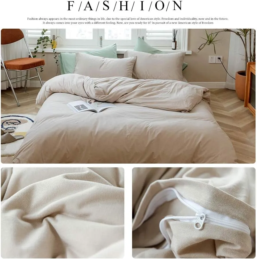 AMWAN Apricot Beige Duvet Cover Queen Taupe Khaki Apricot Solid Color Bedding Sets Jersey Knit Cotton Apricot Color Comforter Cover Simple Style Beige Tan Duvet Cover 1 Queen Duvet Cover