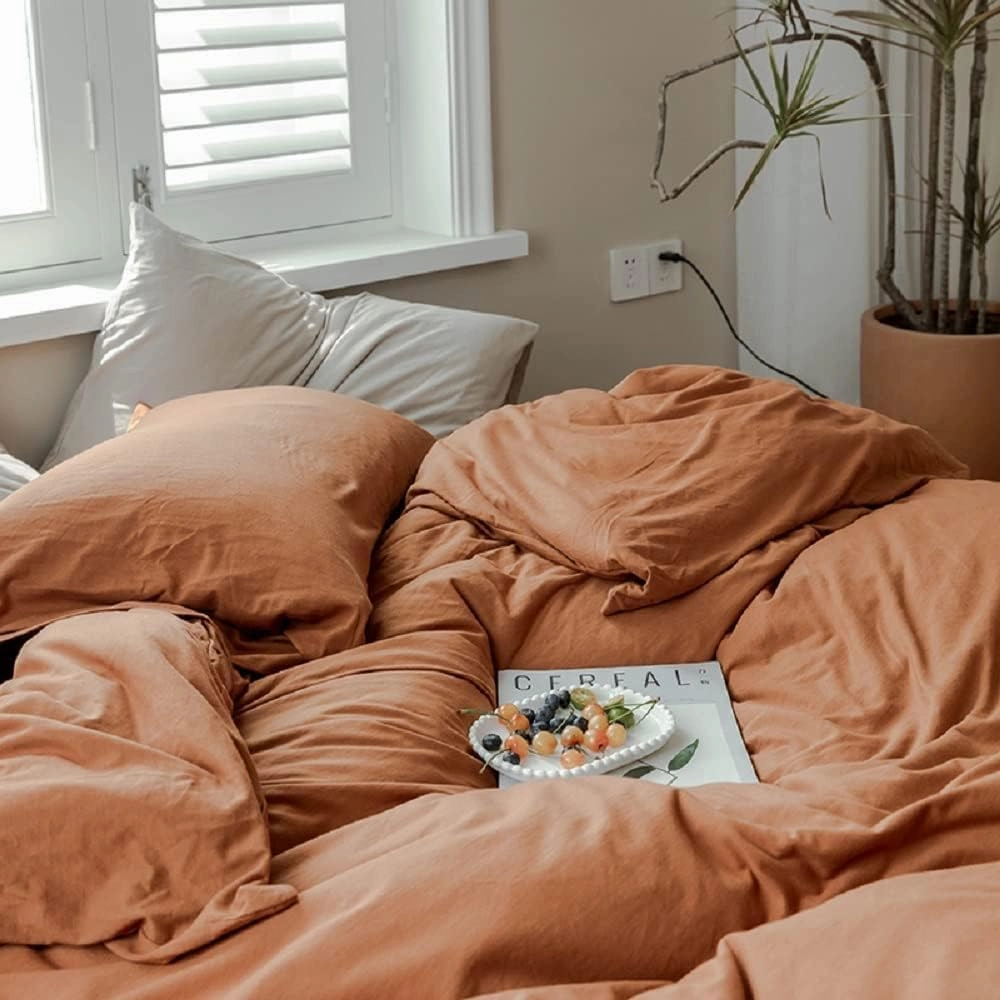 AMWAN Jersey Knit Cotton Duvet Cover Set Solid Pumpkin Color, Luxury Soft Comforter Cover Queen Size 3 Piece Bedding Set 1 Duvet Cover 2 Pillowcases Set