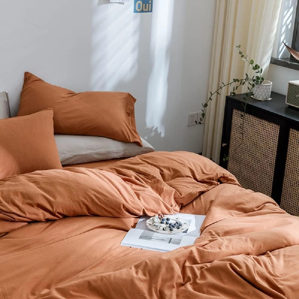 AMWAN Jersey Knit Cotton Duvet Cover Set Solid Pumpkin Color, Luxury Soft Comforter Cover Queen Size 3 Piece Bedding Set 1 Duvet Cover 2 Pillowcases Set