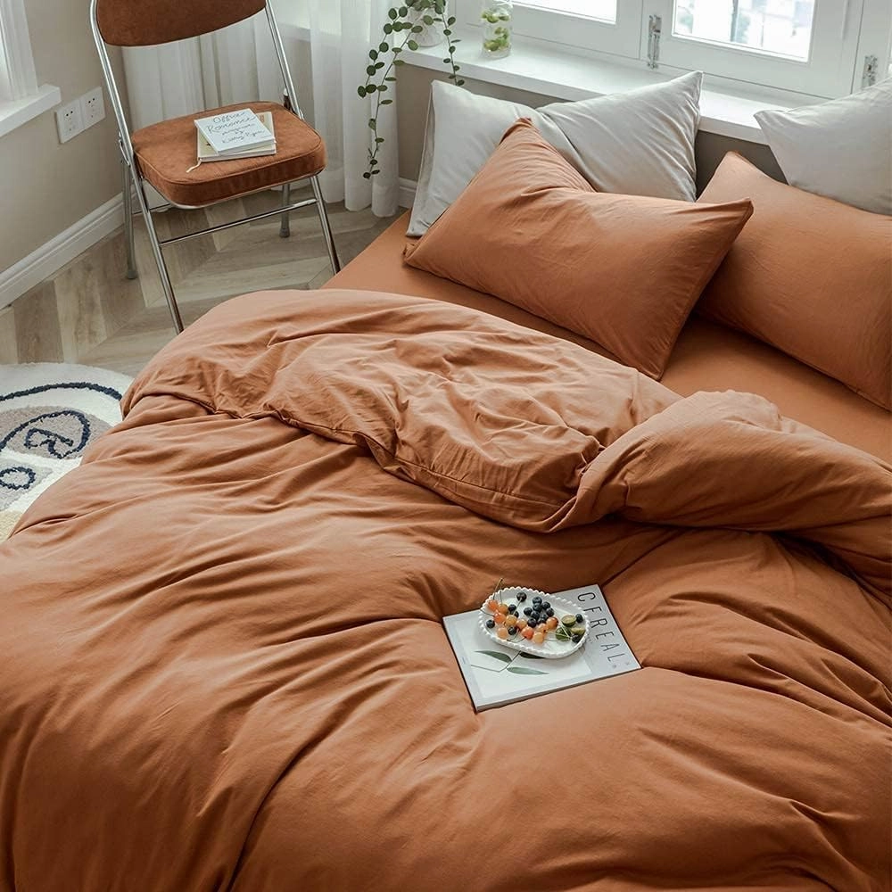 AMWAN Jersey Knit Cotton Duvet Cover Set Solid Pumpkin Color, Luxury Soft Comforter Cover Queen Size 3 Piece Bedding Set 1 Duvet Cover 2 Pillowcases Set