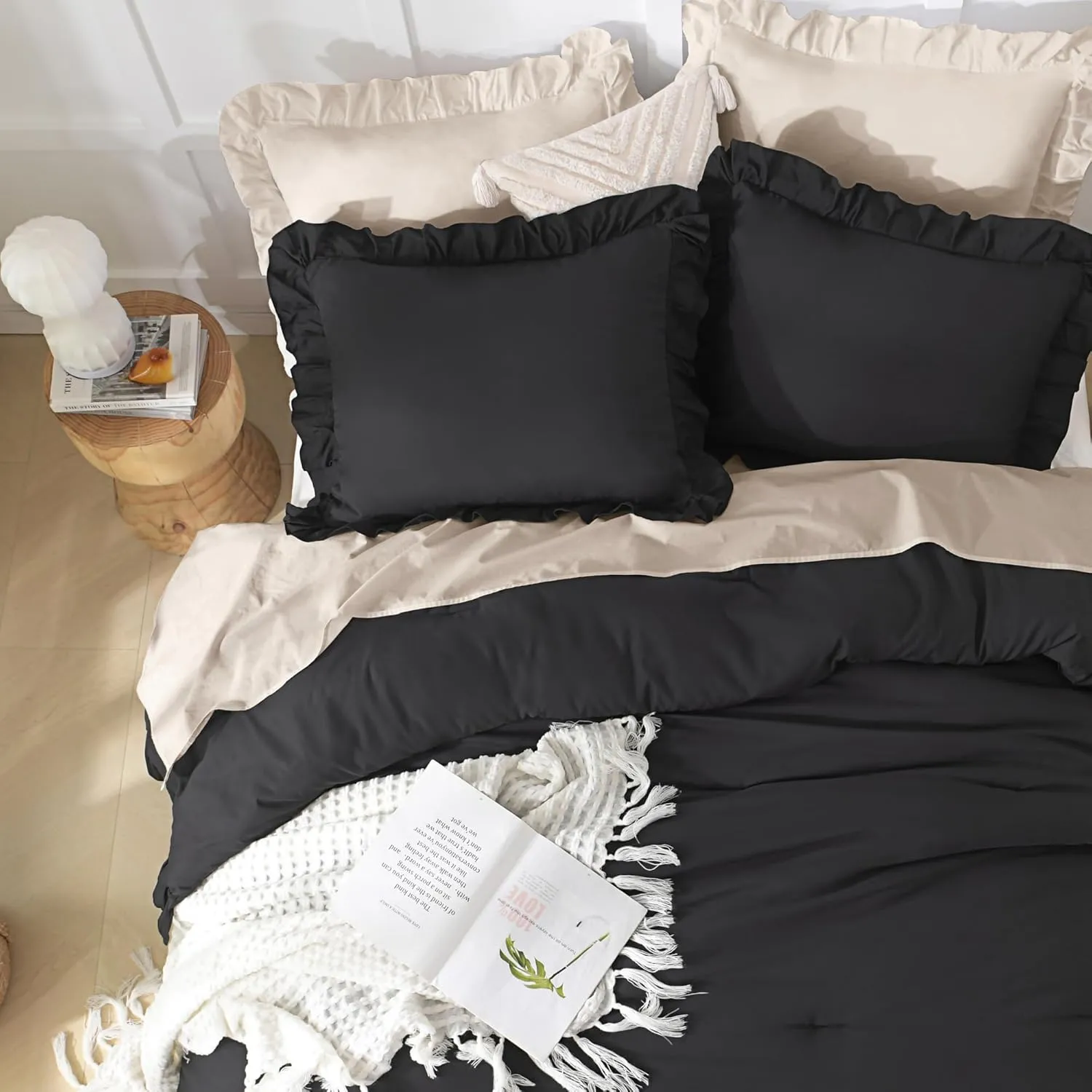 Andency Black Full Size Comforter Set, 3 Pieces Ruffle Farmhouse Shabby Chic Bedding Comforter & Sets, Soft Lightweight Fluffy All Season Down Alternative Bed Set for Boys Kids Men Women