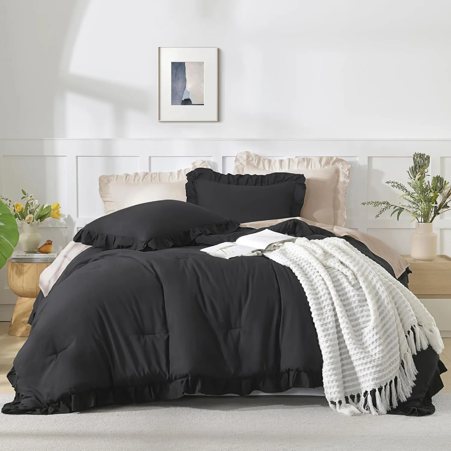 Andency Black Full Size Comforter Set, 3 Pieces Ruffle Farmhouse Shabby Chic Bedding Comforter & Sets, Soft Lightweight Fluffy All Season Down Alternative Bed Set for Boys Kids Men Women
