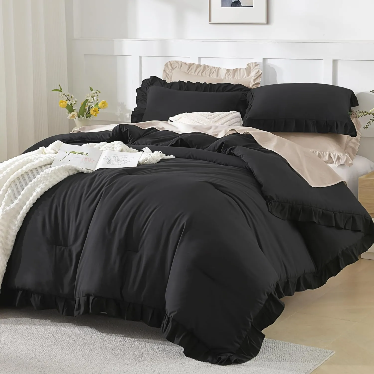 Andency Black Full Size Comforter Set, 3 Pieces Ruffle Farmhouse Shabby Chic Bedding Comforter & Sets, Soft Lightweight Fluffy All Season Down Alternative Bed Set for Boys Kids Men Women
