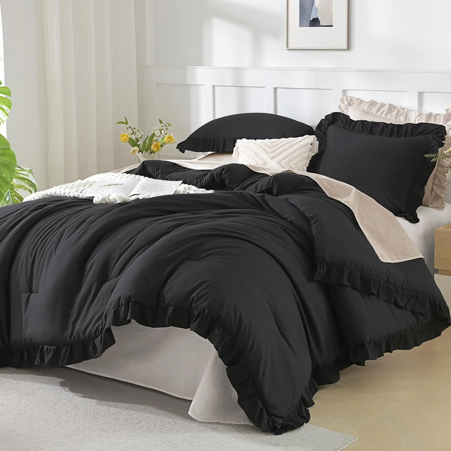Andency Black Full Size Comforter Set, 3 Pieces Ruffle Farmhouse Shabby Chic Bedding Comforter & Sets, Soft Lightweight Fluffy All Season Down Alternative Bed Set for Boys Kids Men Women