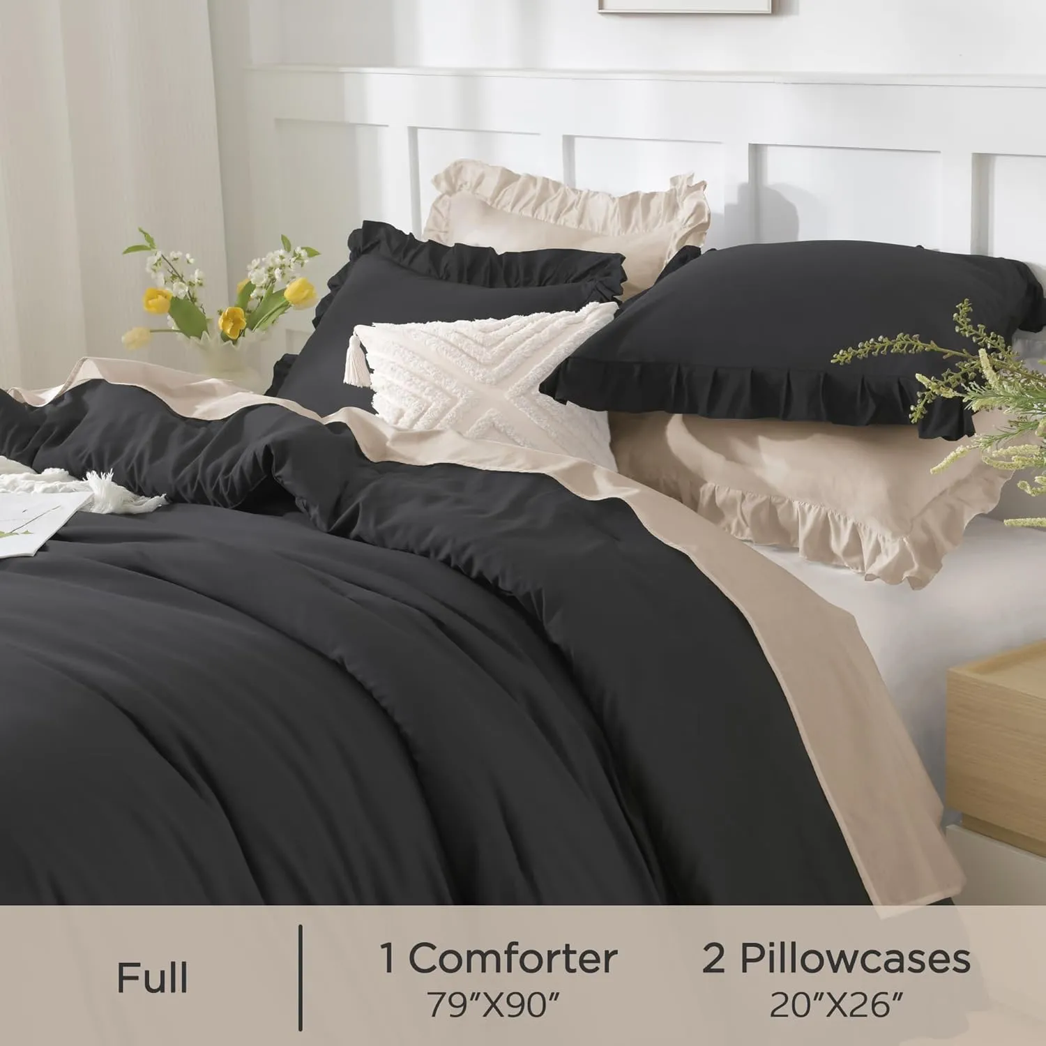 Andency Black Full Size Comforter Set, 3 Pieces Ruffle Farmhouse Shabby Chic Bedding Comforter & Sets, Soft Lightweight Fluffy All Season Down Alternative Bed Set for Boys Kids Men Women