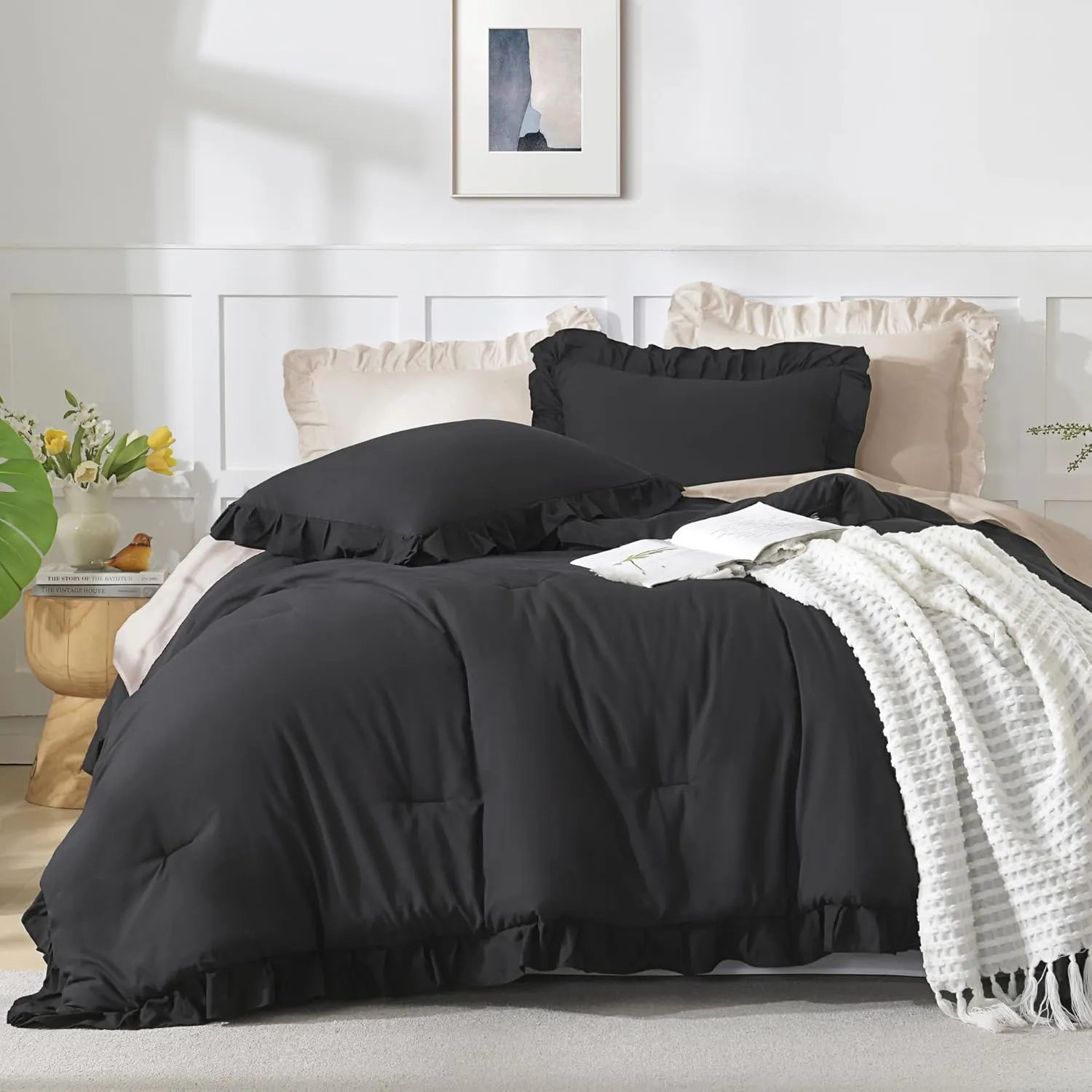 Andency Black Full Size Comforter Set, 3 Pieces Ruffle Farmhouse Shabby Chic Bedding Comforter & Sets, Soft Lightweight Fluffy All Season Down Alternative Bed Set for Boys Kids Men Women