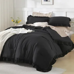 Andency Black Full Size Comforter Set, 3 Pieces Ruffle Farmhouse Shabby Chic Bedding Comforter & Sets, Soft Lightweight Fluffy All Season Down Alternative Bed Set for Boys Kids Men Women