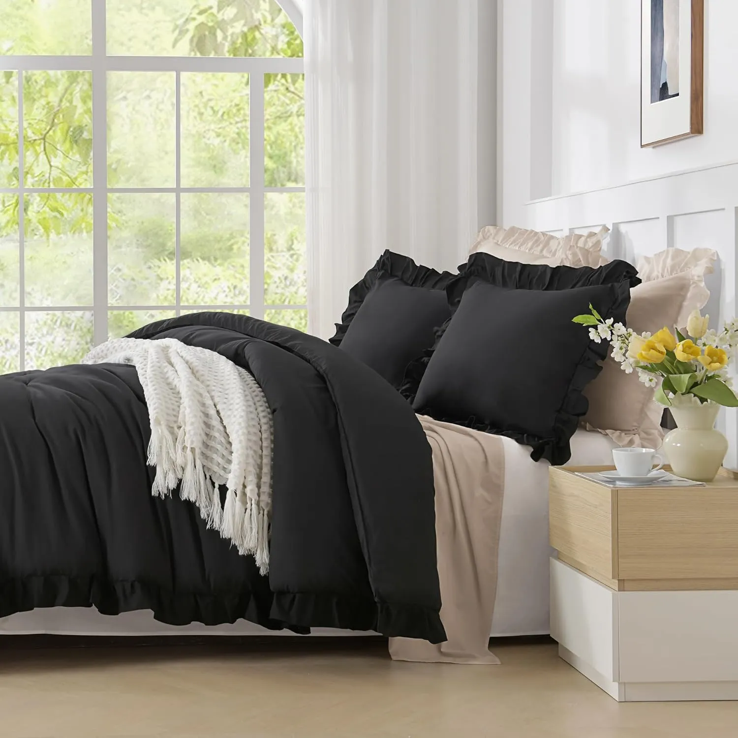 Andency Black Full Size Comforter Set, 3 Pieces Ruffle Farmhouse Shabby Chic Bedding Comforter & Sets, Soft Lightweight Fluffy All Season Down Alternative Bed Set for Boys Kids Men Women