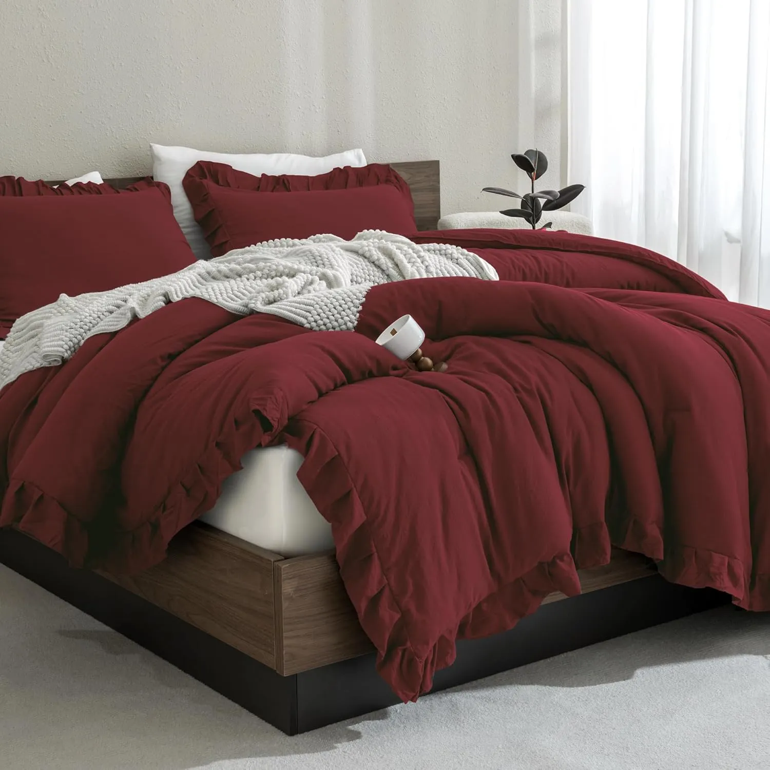 Andency Burgundy Comforter Set Queen Size, 3 Pieces Shabby Chic Ruffle Bedding Comforter Sets for Queen Bed, Lightweight Fluffy Soft Microfiber Farmhouse Comforter Set
