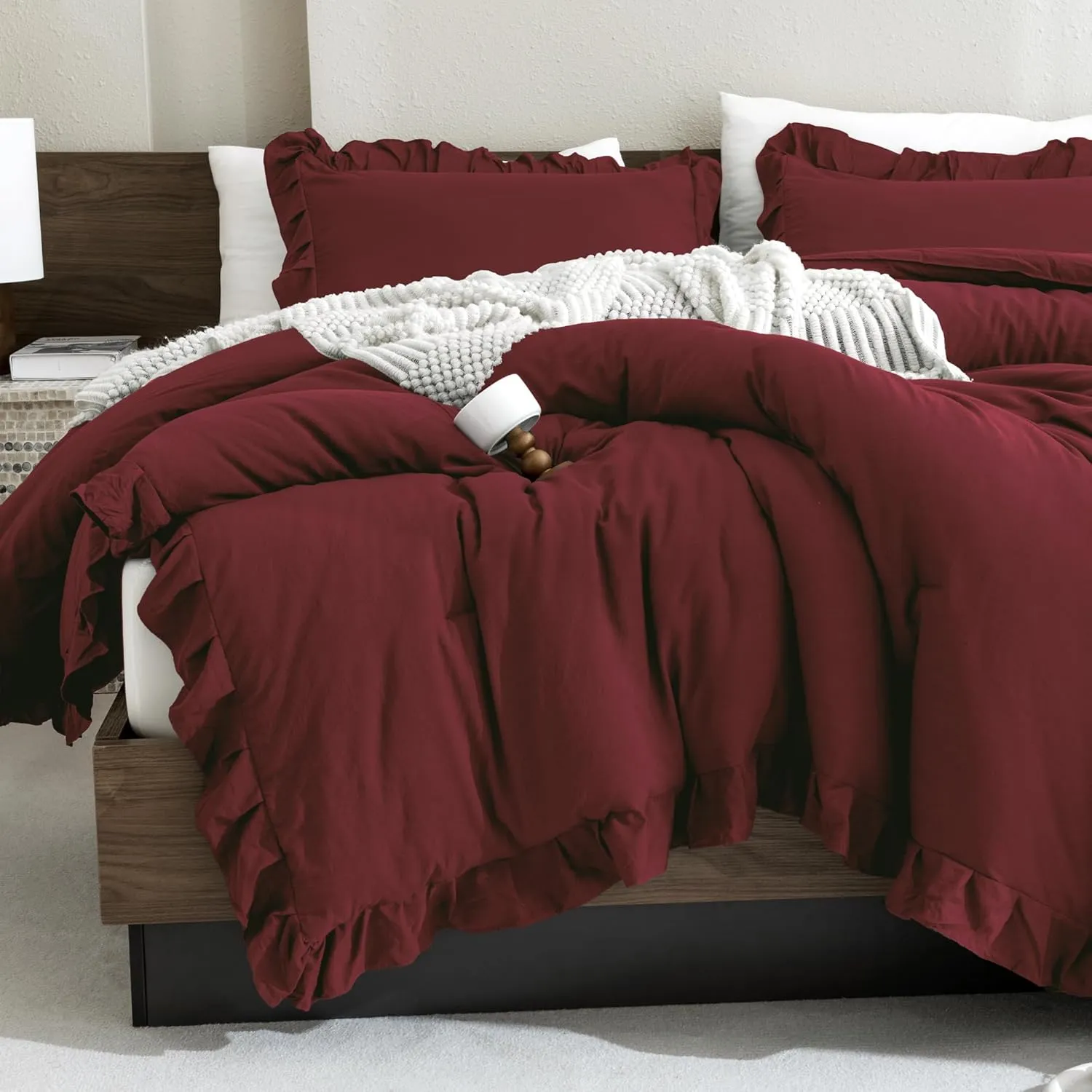 Andency Burgundy Comforter Set Queen Size, 3 Pieces Shabby Chic Ruffle Bedding Comforter Sets for Queen Bed, Lightweight Fluffy Soft Microfiber Farmhouse Comforter Set