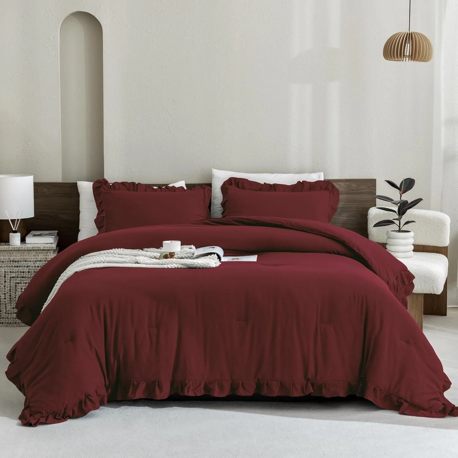 Andency Burgundy Comforter Set Queen Size, 3 Pieces Shabby Chic Ruffle Bedding Comforter Sets for Queen Bed, Lightweight Fluffy Soft Microfiber Farmhouse Comforter Set