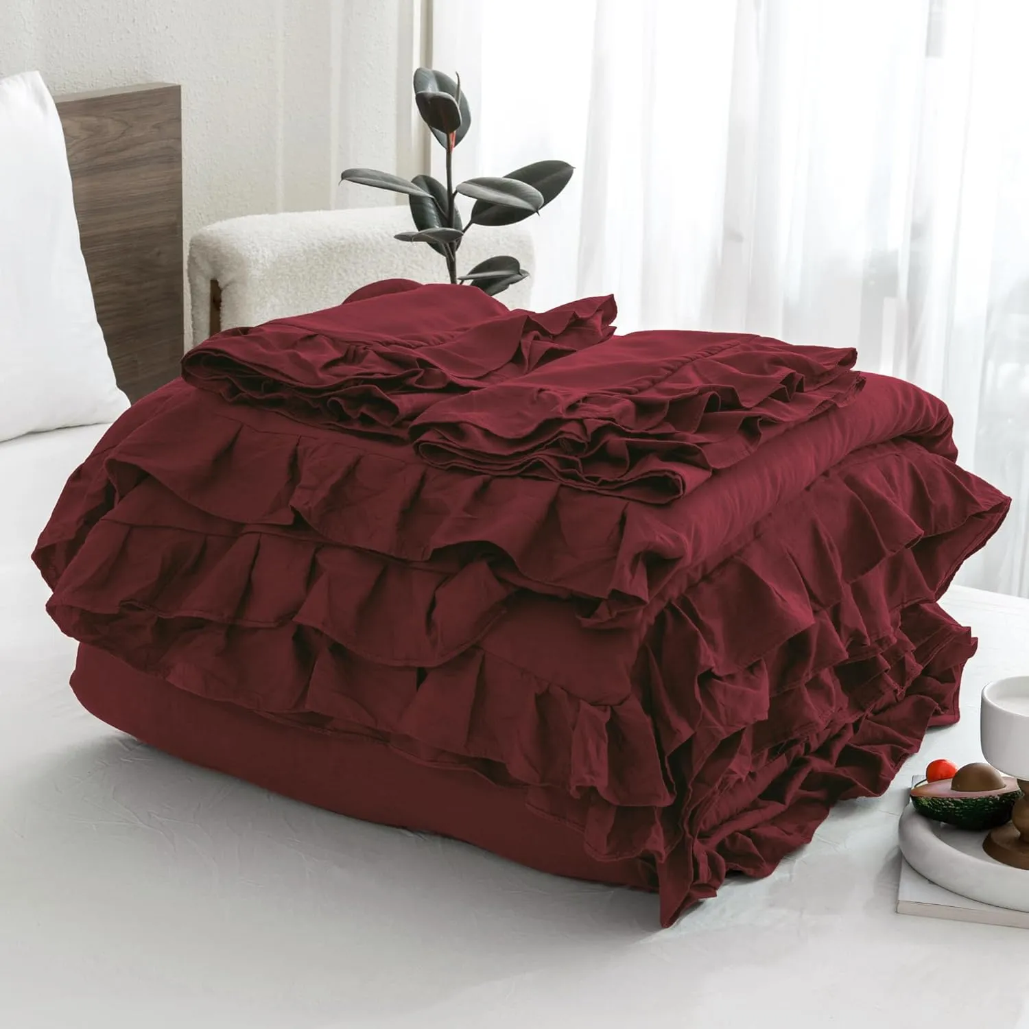 Andency Burgundy Comforter Set Queen Size, 3 Pieces Shabby Chic Ruffle Bedding Comforter Sets for Queen Bed, Lightweight Fluffy Soft Microfiber Farmhouse Comforter Set