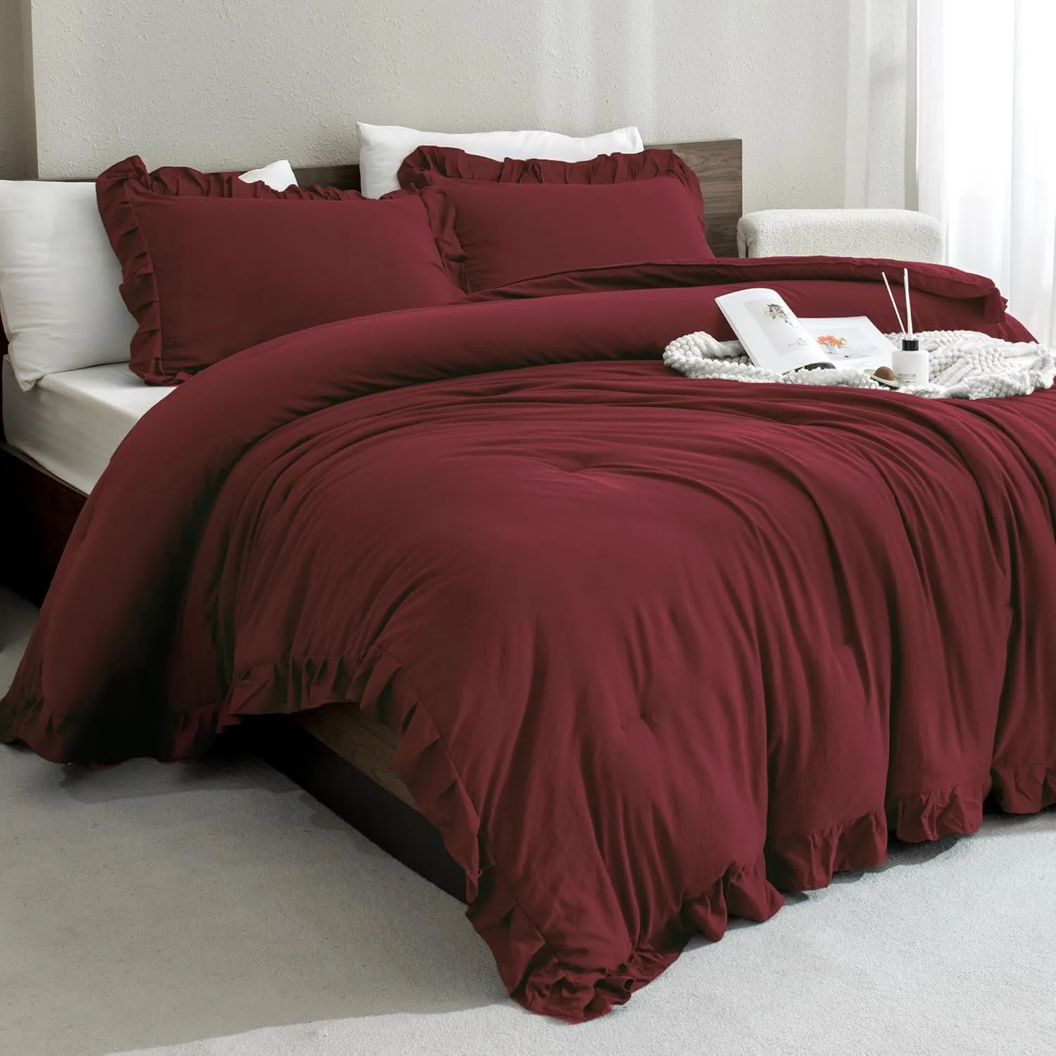 Andency Burgundy Comforter Set Queen Size, 3 Pieces Shabby Chic Ruffle Bedding Comforter Sets for Queen Bed, Lightweight Fluffy Soft Microfiber Farmhouse Comforter Set