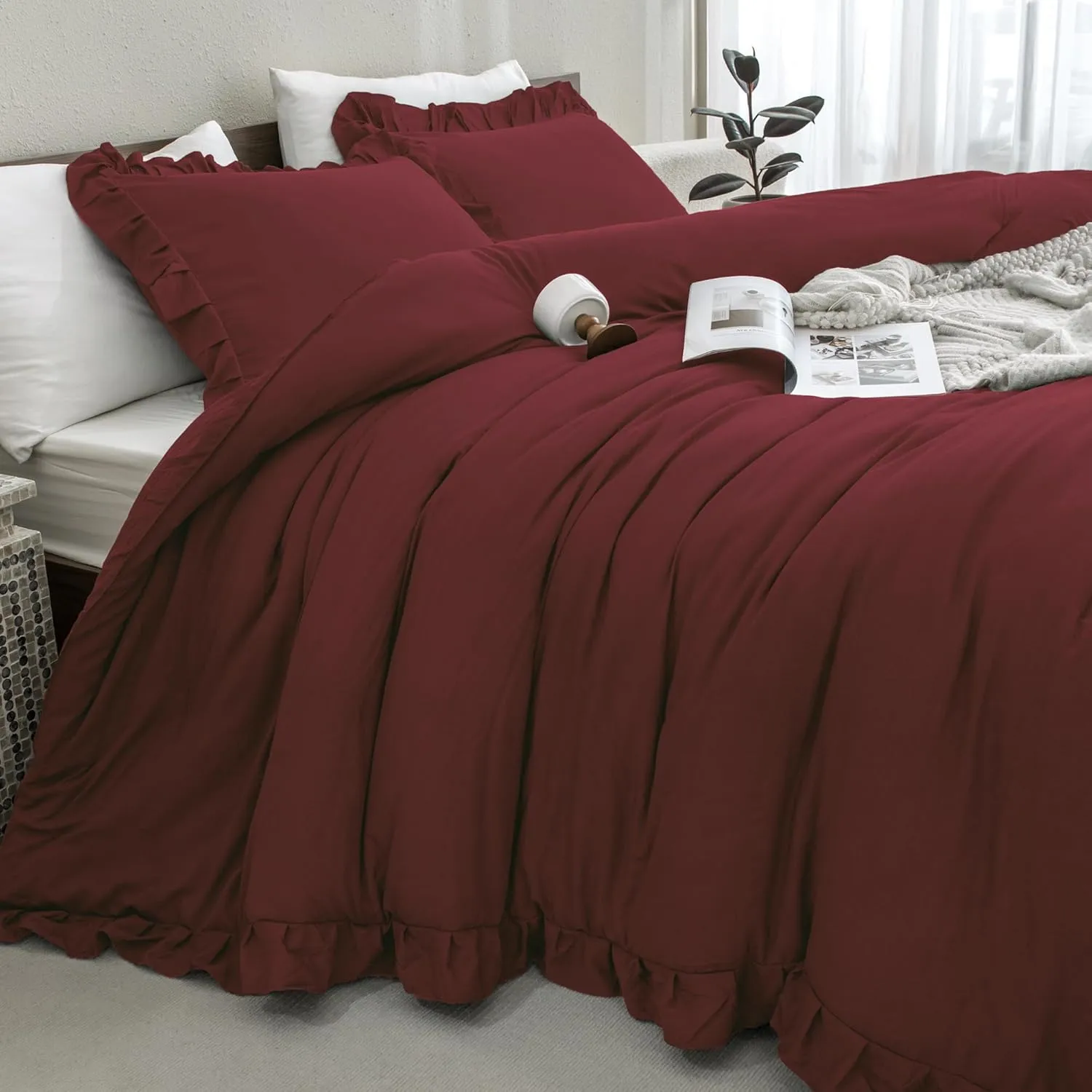 Andency Burgundy Comforter Set Queen Size, 3 Pieces Shabby Chic Ruffle Bedding Comforter Sets for Queen Bed, Lightweight Fluffy Soft Microfiber Farmhouse Comforter Set