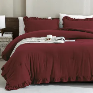 Andency Burgundy Comforter Set Queen Size, 3 Pieces Shabby Chic Ruffle Bedding Comforter Sets for Queen Bed, Lightweight Fluffy Soft Microfiber Farmhouse Comforter Set