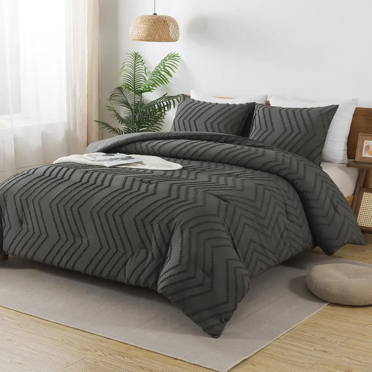 Andency Dark Grey Comforter Set King Size, Boho Soft Warm Tufted Bedding Comforter Sets for King Size Bed, 3 Pieces Aesthetic Chevron Farmhouse Cute Bohemian Textured Bedding Set