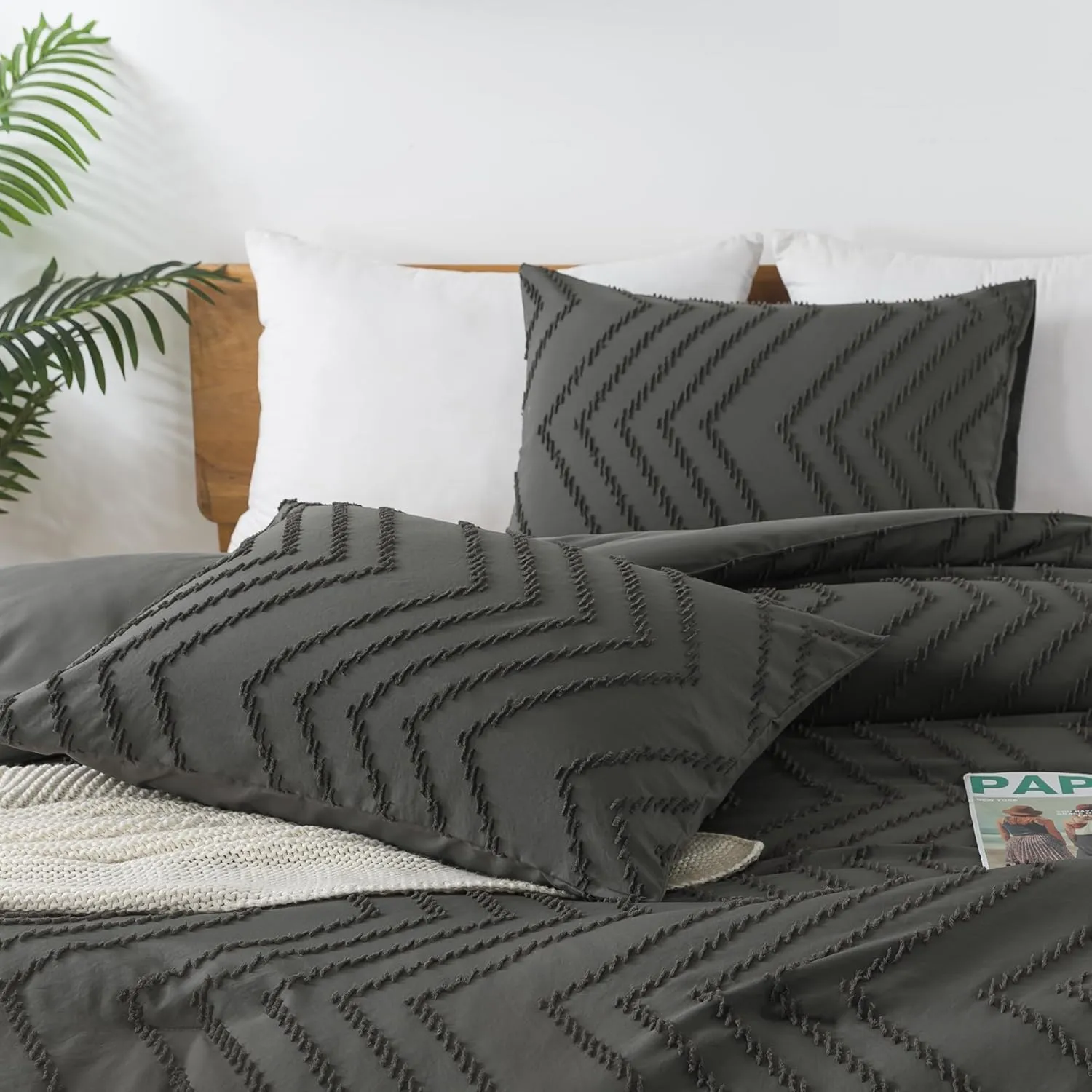 Andency Dark Grey Comforter Set King Size, Boho Soft Warm Tufted Bedding Comforter Sets for King Size Bed, 3 Pieces Aesthetic Chevron Farmhouse Cute Bohemian Textured Bedding Set