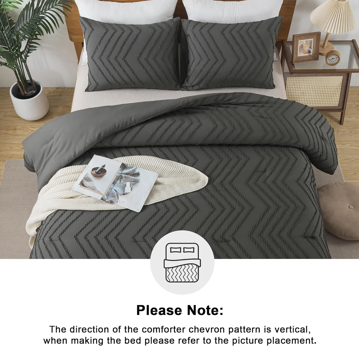 Andency Dark Grey Comforter Set King Size, Boho Soft Warm Tufted Bedding Comforter Sets for King Size Bed, 3 Pieces Aesthetic Chevron Farmhouse Cute Bohemian Textured Bedding Set