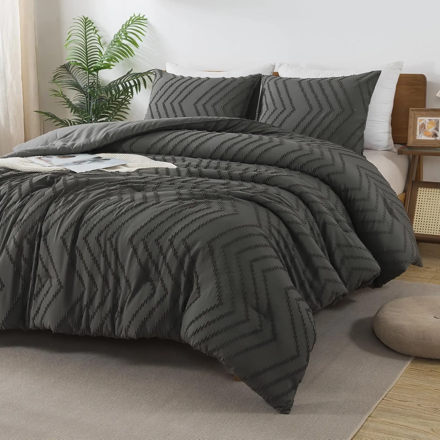 Andency Dark Grey Comforter Set King Size, Boho Soft Warm Tufted Bedding Comforter Sets for King Size Bed, 3 Pieces Aesthetic Chevron Farmhouse Cute Bohemian Textured Bedding Set