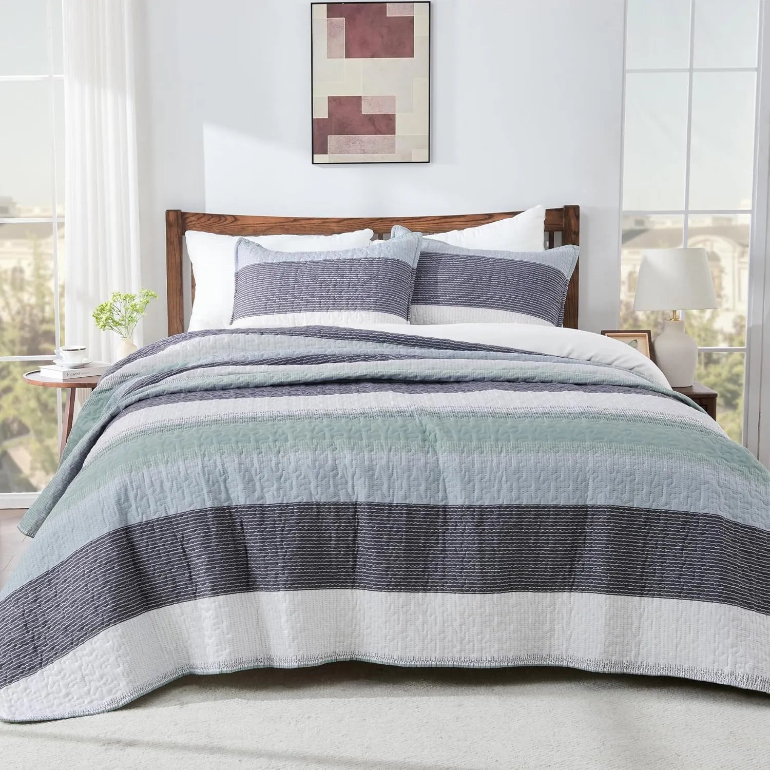 Andency Stripe Quilt Set Cal King(104x112 Inch), 3 Pieces (1 Striped Quilt and 2 Pillowcases) Patchwork Bedspread Coverlet Set, Lightweight Soft Microfiber Quilted Bedding Set