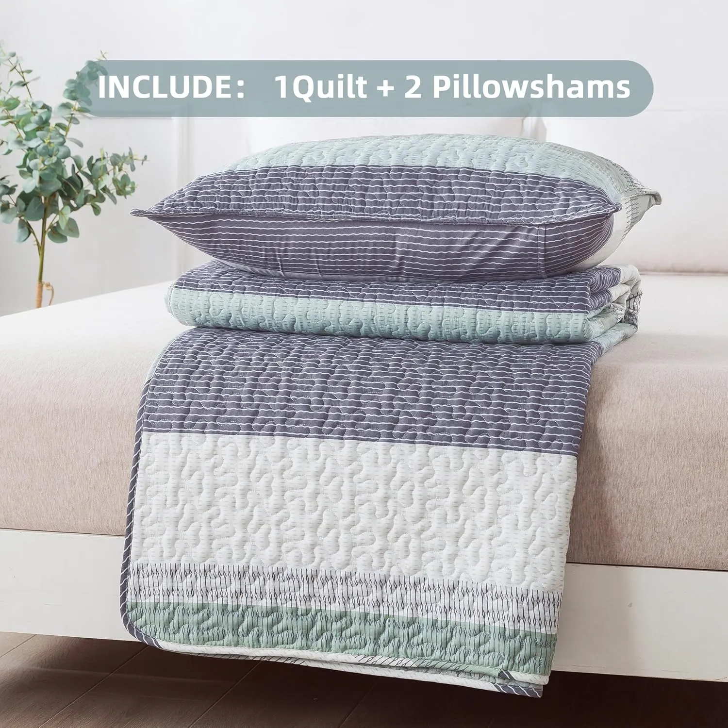 Andency Stripe Quilt Set Cal King(104x112 Inch), 3 Pieces (1 Striped Quilt and 2 Pillowcases) Patchwork Bedspread Coverlet Set, Lightweight Soft Microfiber Quilted Bedding Set